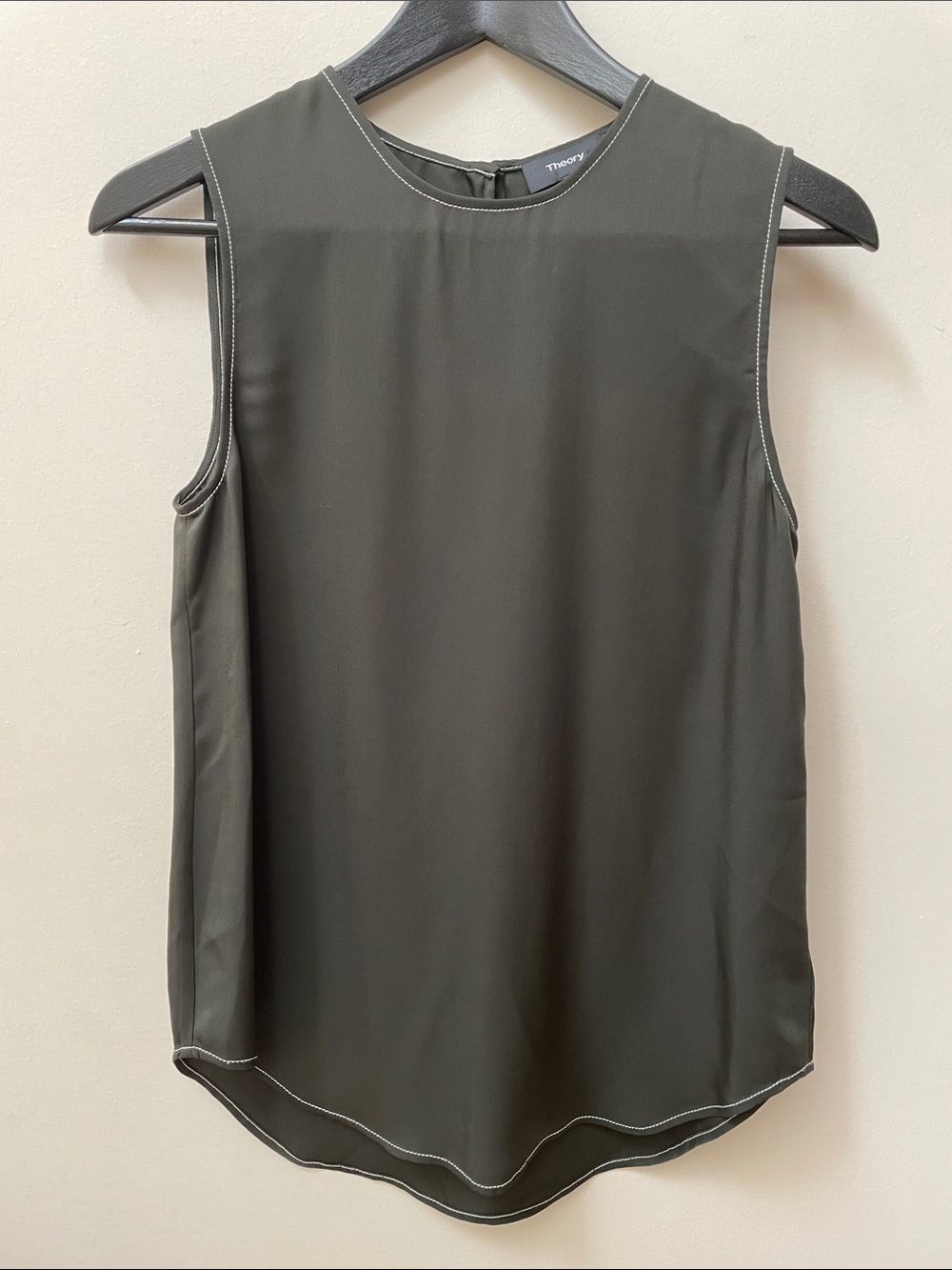 Theory 100% Silk Olive Sleeveless Blouse with Contrast Stitching